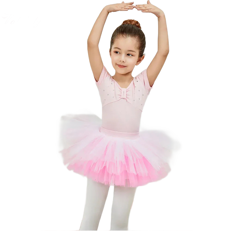 girls pink ballet tutu dress with layered tulle skirt and short sleeves for kids