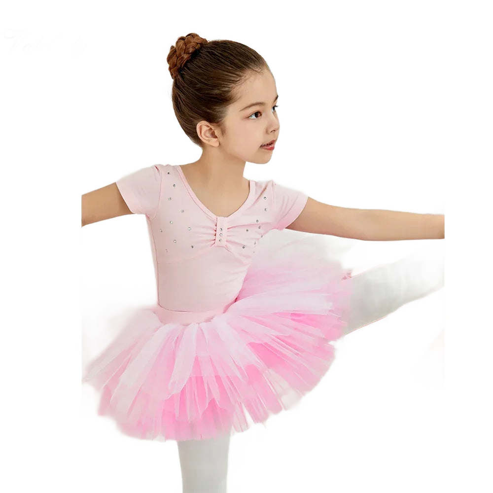 Girls pink ballet tutu dress with short sleeves and rhinestone details for young dancers