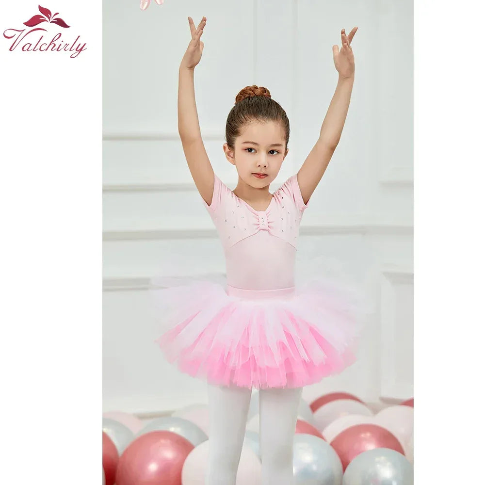 girls pink ballet tutu dress for kids with short sleeves and layered tulle skirt