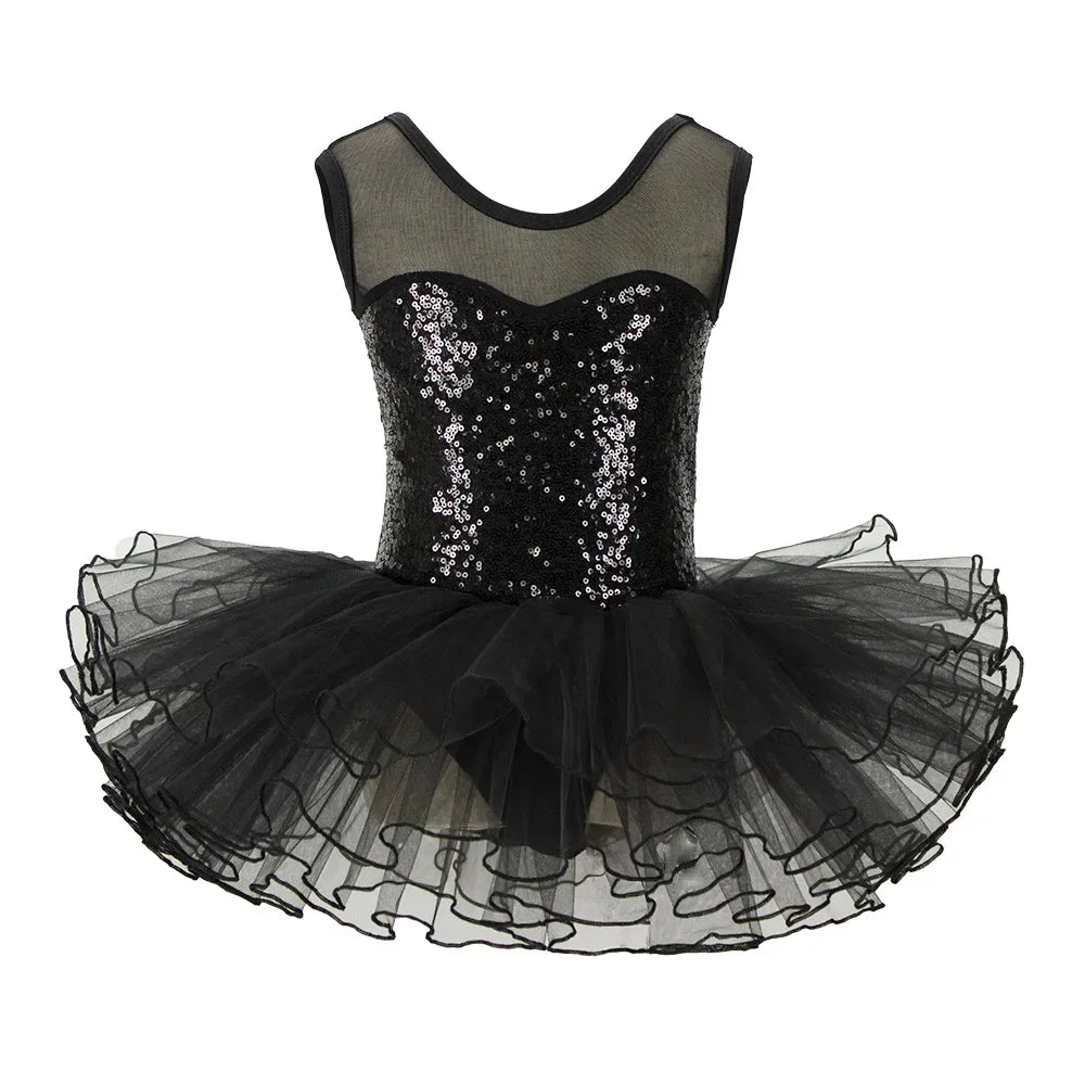 Girls black sequin ballet tutu dress with sheer sleeveless top and layered tulle skirt