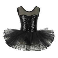 Girls black sequin ballet tutu dress with sheer sleeveless top and layered tulle skirt