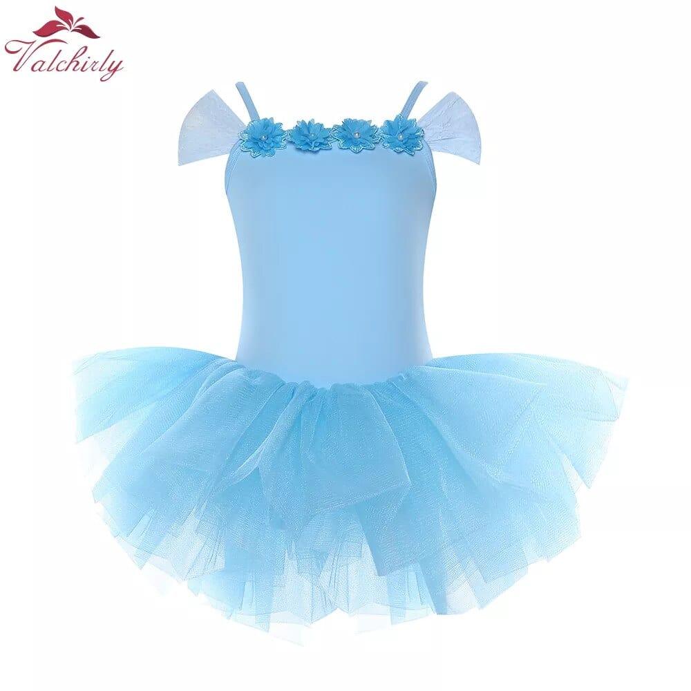 girls blue ballet tutu dress with floral details and off-shoulder tulle sleeves for toddlers