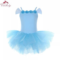 girls blue ballet tutu dress with floral details and off-shoulder tulle sleeves for toddlers