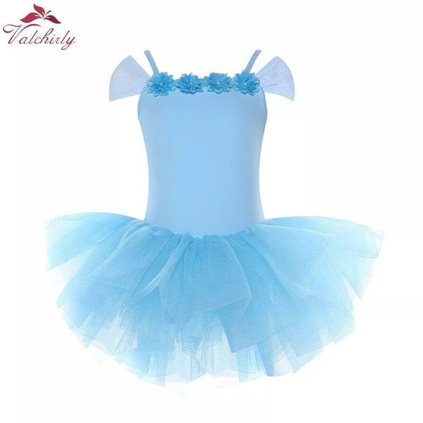 girls blue ballet tutu dress with floral details and off-shoulder tulle sleeves for toddlers