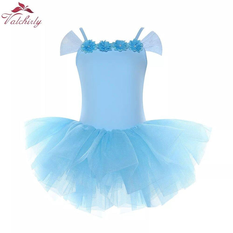 girls blue ballet tutu dress with floral details and off-shoulder tulle sleeves for toddlers