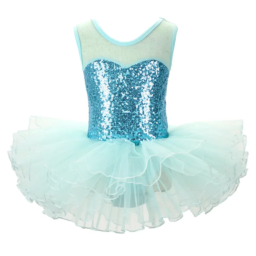 Girls ballet tutu dress in light blue with sequined bodice and layered tulle skirt for kids