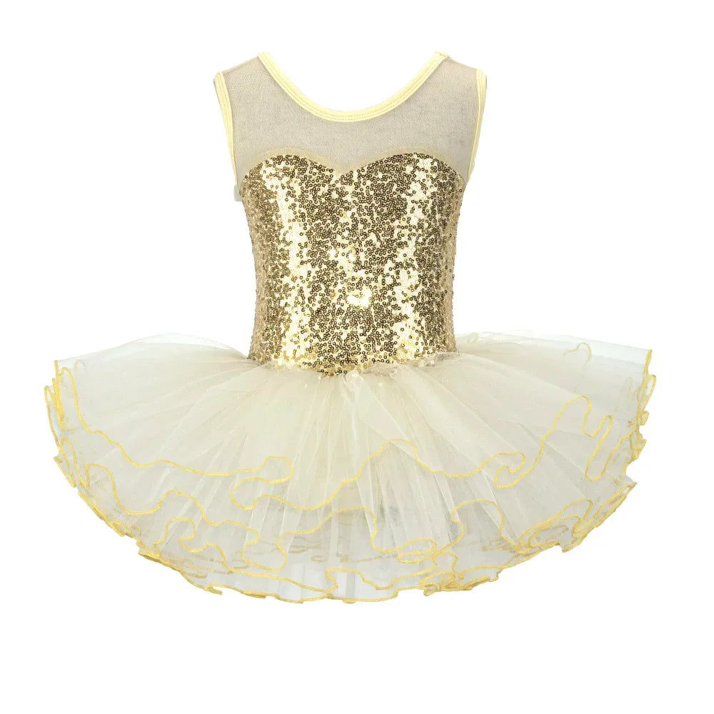 girls ballet tutu dress with gold sequined bodice and white tulle skirt with gold trim for toddlers