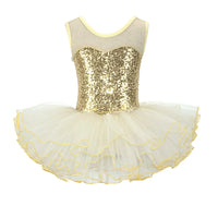 girls ballet tutu dress with gold sequined bodice and white tulle skirt with gold trim for toddlers
