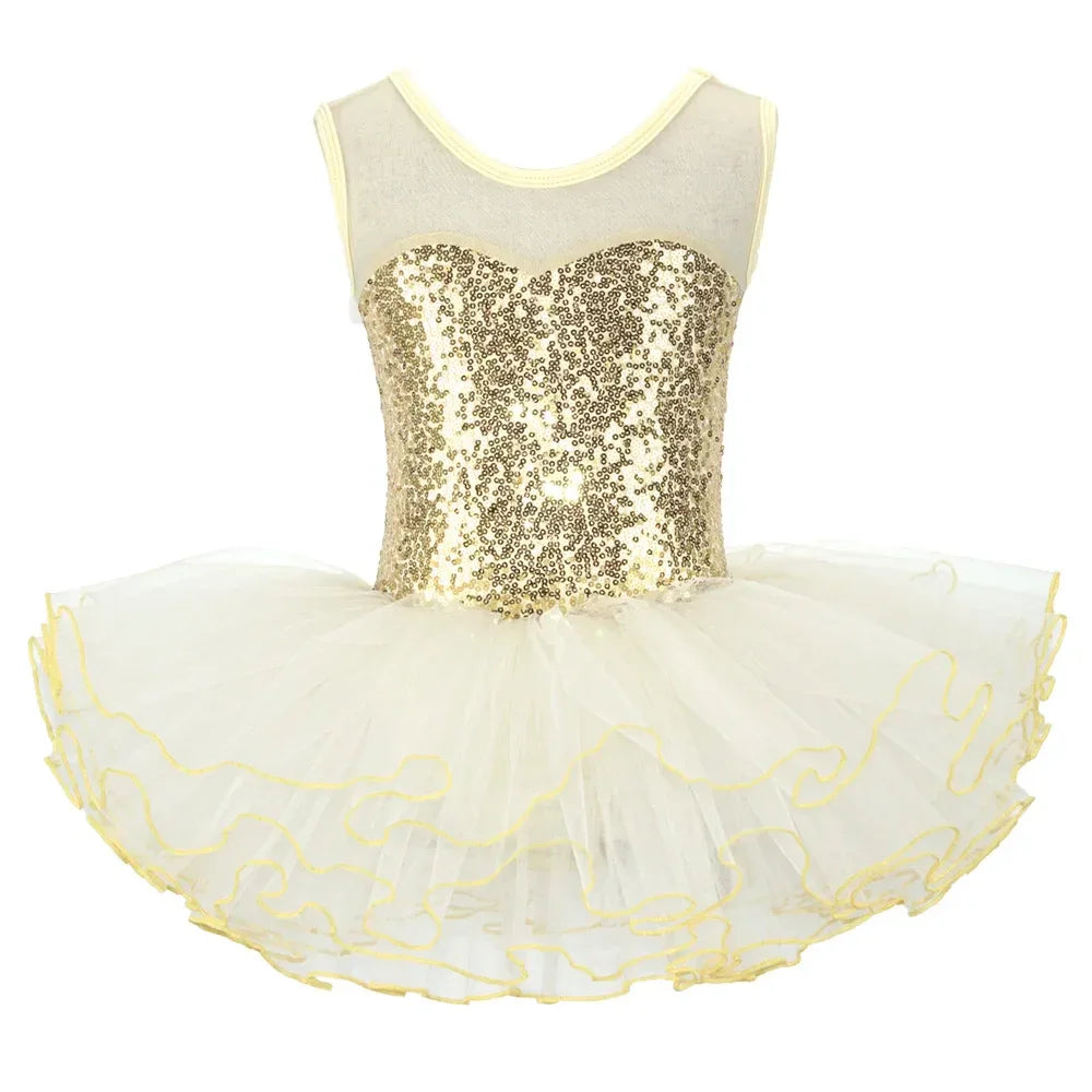 girls ballet tutu dress white with gold sequined bodice and yellow trim tulle skirt for kids