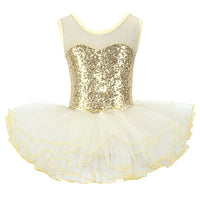 girls ballet tutu dress white with gold sequined bodice and yellow trim tulle skirt for kids