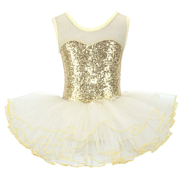 girls ballet tutu dress white with gold sequined bodice and yellow trim tulle skirt for kids