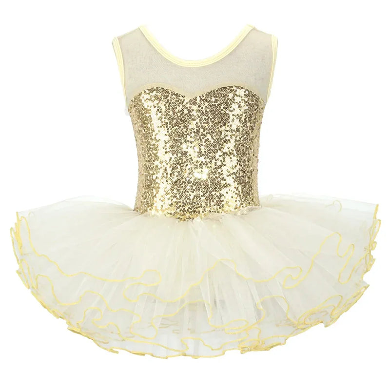girls ballet tutu dress white with gold sequined bodice and yellow trim tulle skirt for kids