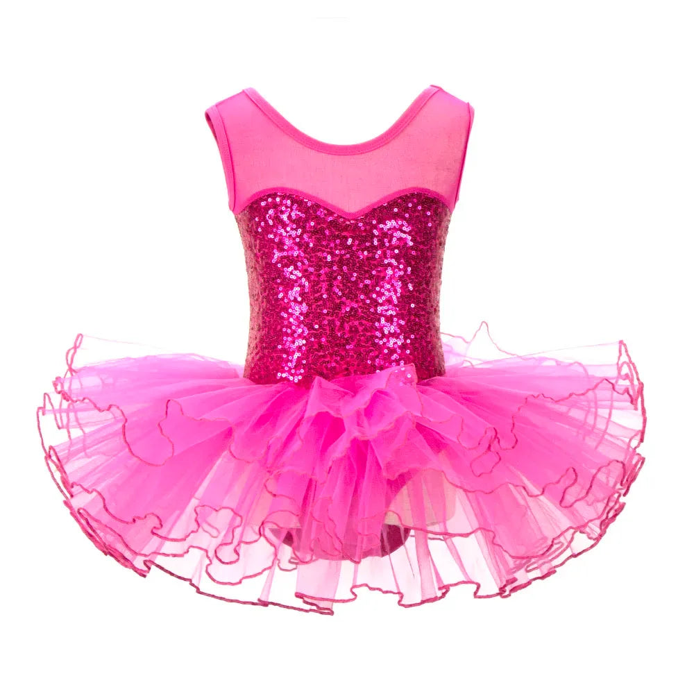 Girls bright pink ballet tutu dress with sequined bodice and layered tulle skirt for kids