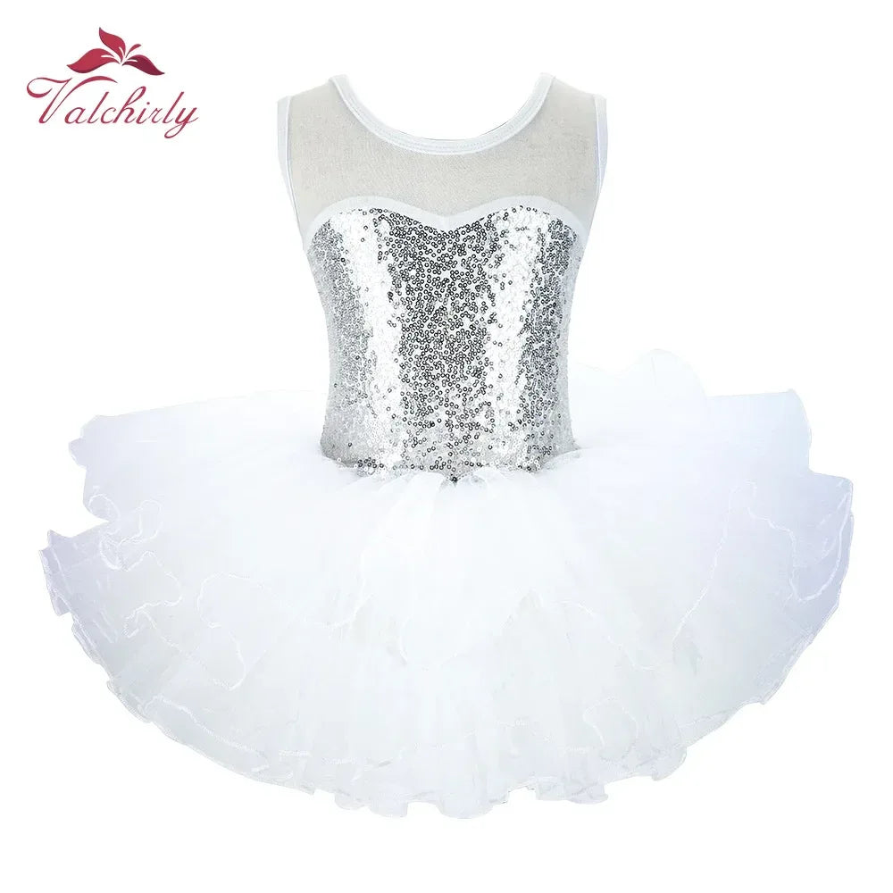 Girls ballet tutu dress white with silver sequin bodice sleeveless for young dancers