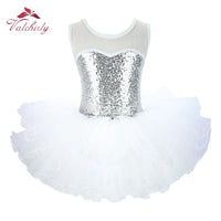 Girls ballet tutu dress white with silver sequin bodice sleeveless for young dancers
