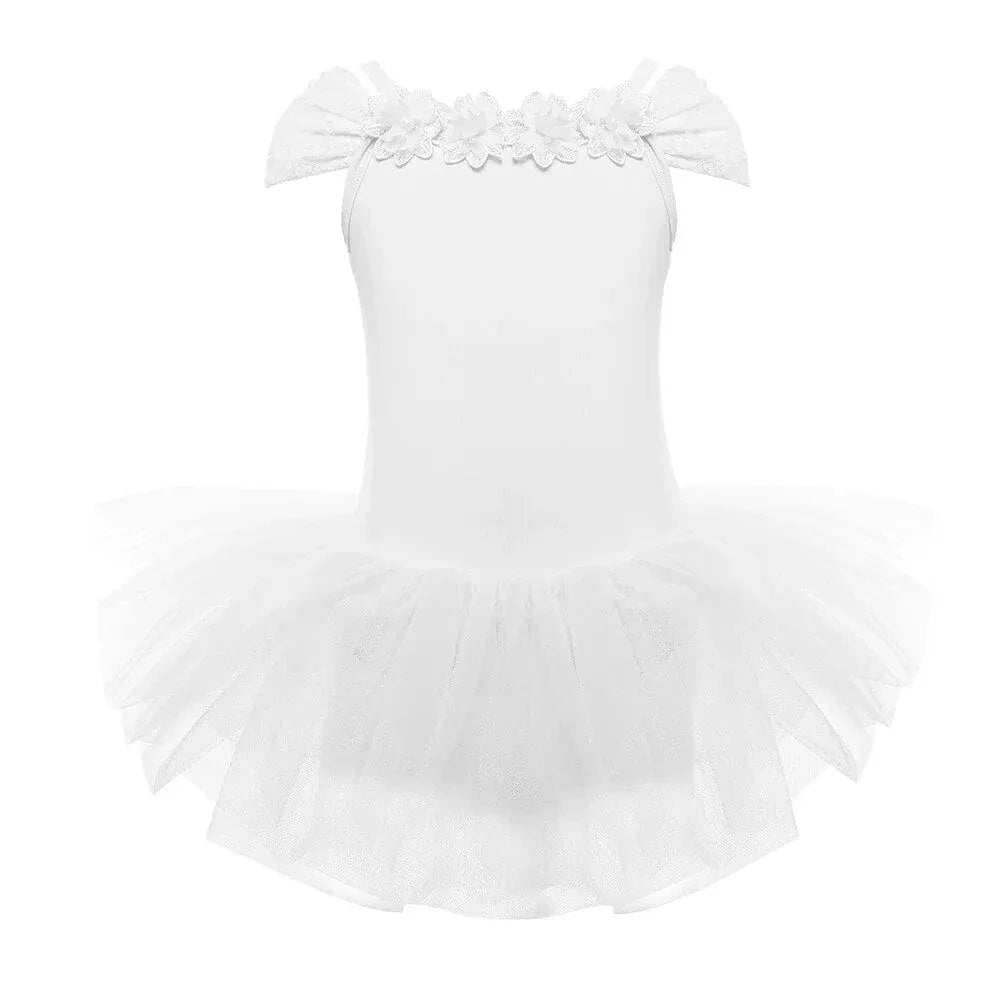 girls white ballet tutu dress with floral lace off-shoulder sleeves for toddlers