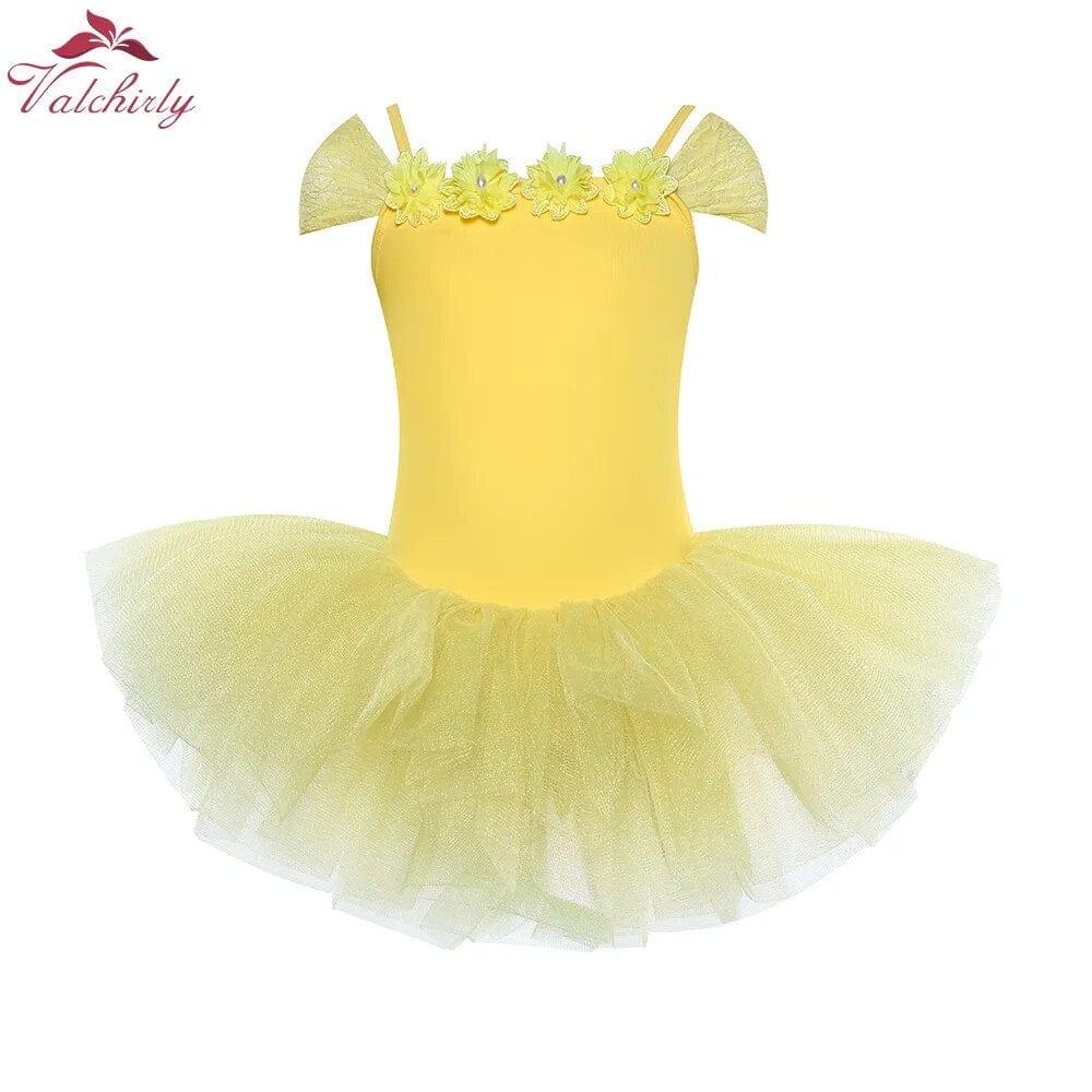 girls ballet tutu dress yellow with floral accents and tulle skirt for toddlers
