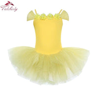 girls ballet tutu dress yellow with floral accents and tulle skirt for toddlers