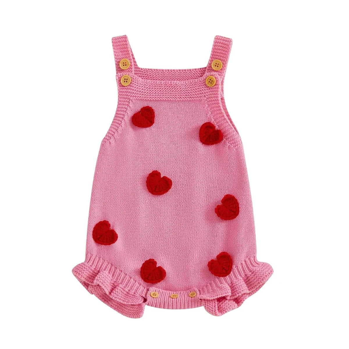 Pink cotton Valentine's Day baby romper with red heart appliques and wooden button straps