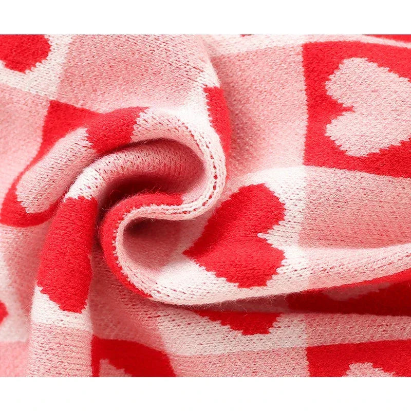 Soft pink and red knit fabric with heart pattern for Valentine's Day dress for little girls