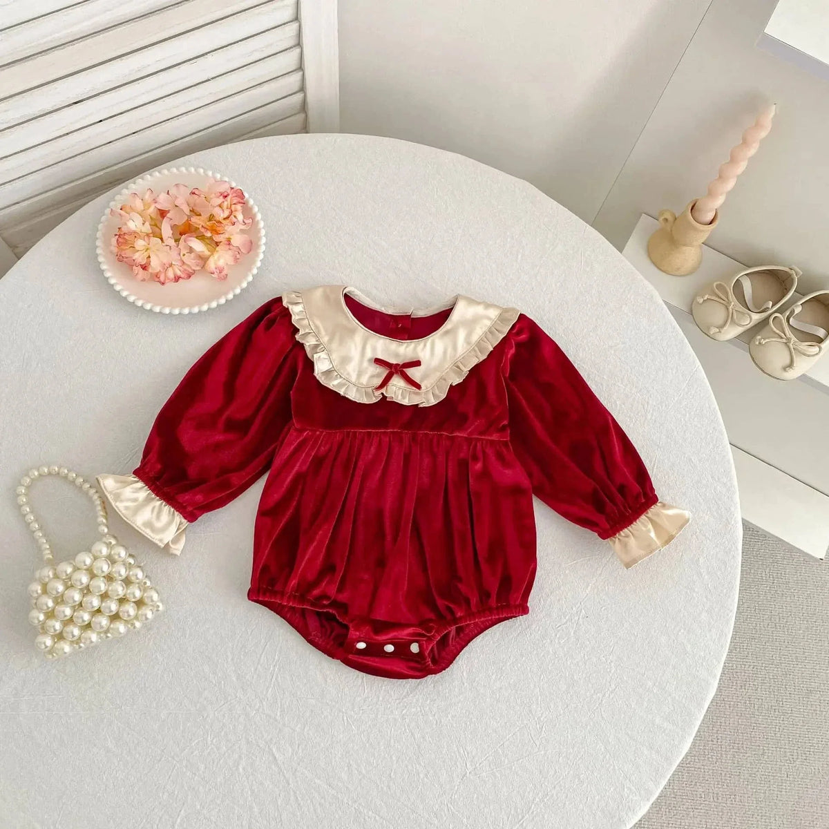 Velvet Baby Romper with Lace Collar – Stylish & Cozy - The Palm Beach Baby