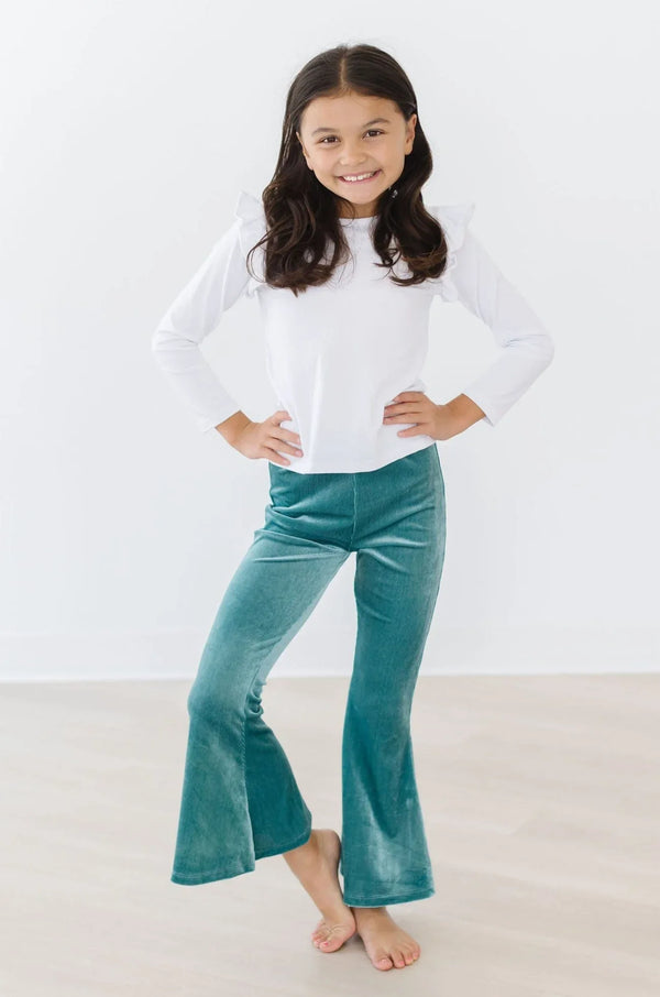 girls teal velvet bell pants with flare legs and soft texture by Mila & Rose