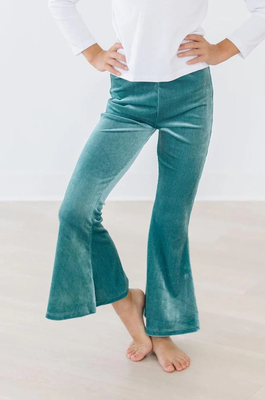 Girls teal velvet bell pants fitted at waist and flared legs from Mila and Rose