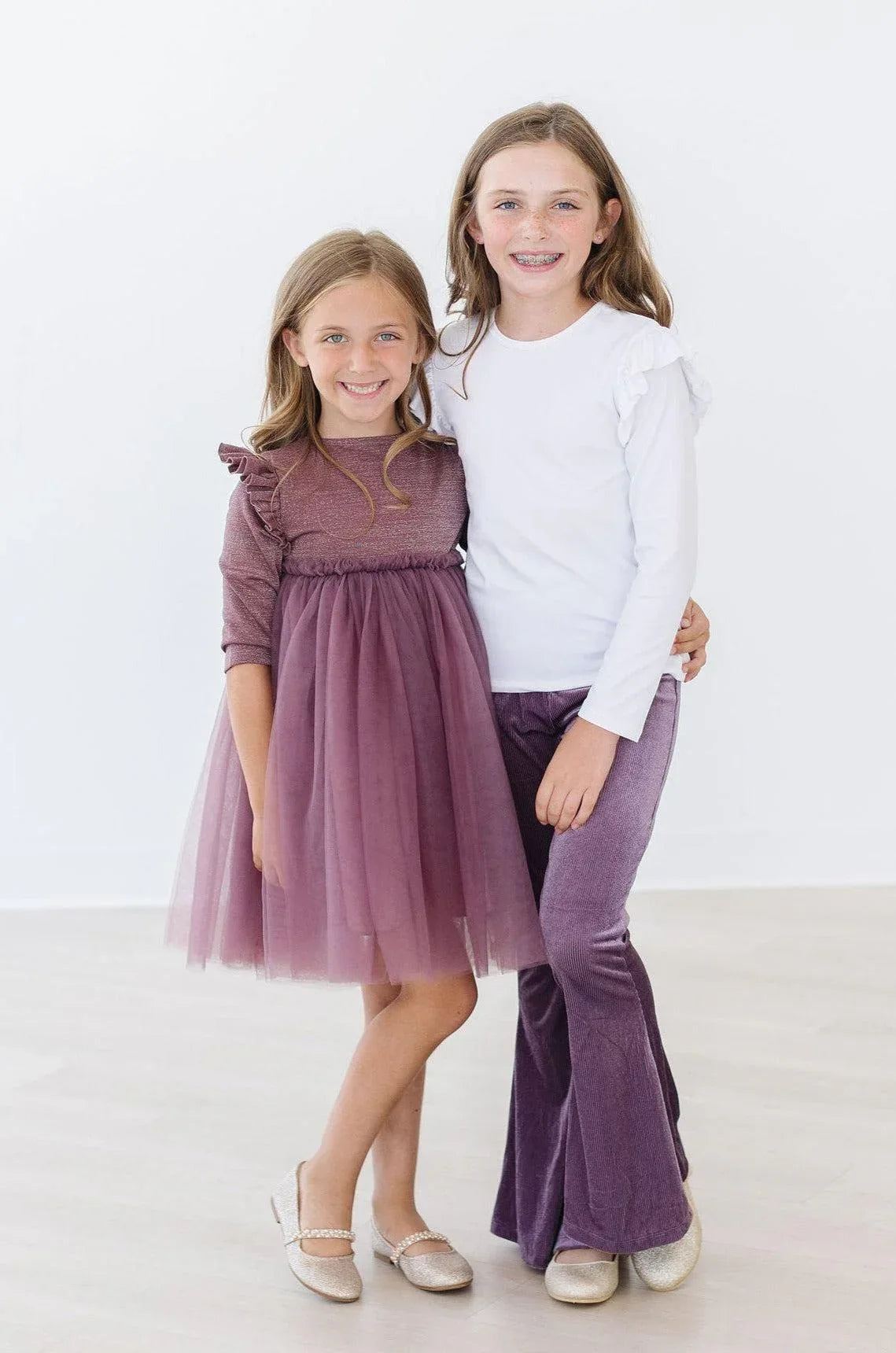 Girls velvet bells purple bell-bottom pants with white long sleeve ruffle top in kids size