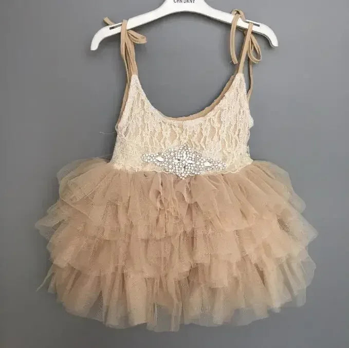 vintage baby girl dress in beige and cream with lace top and layered tulle skirt for infants