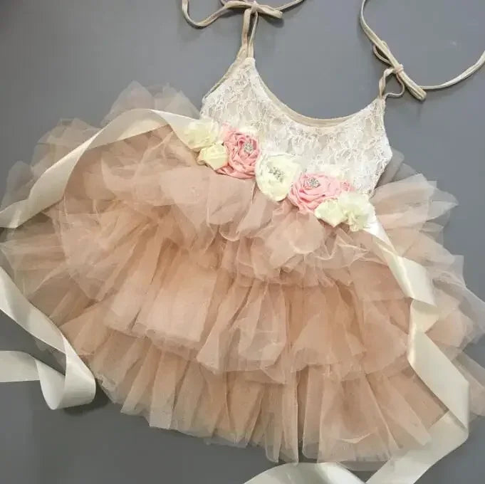 Vintage girl dress in cream and blush with lace top and floral sash, toddler size