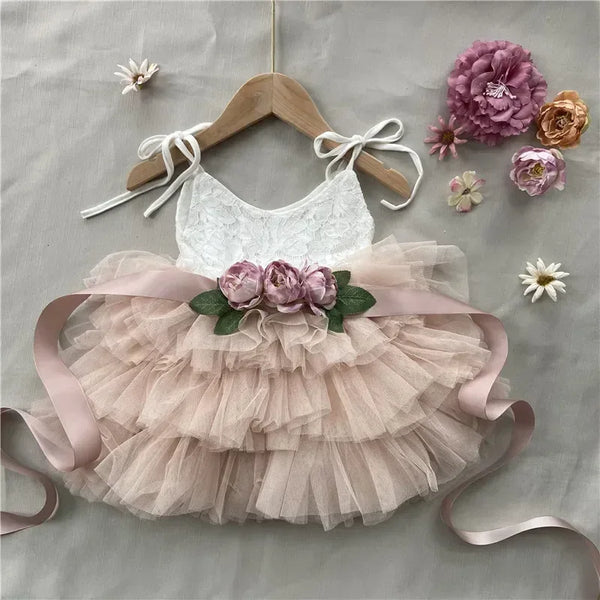 vintage girl dress white lace bodice with pink layered tulle skirt and flower sash