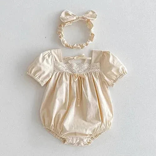 Vintage Beige Dress for Girls with Puff Sleeves & Bow - The Palm Beach Baby