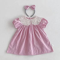 Pink baby dress with lace collar and matching bow headband vintage baby girl outfits