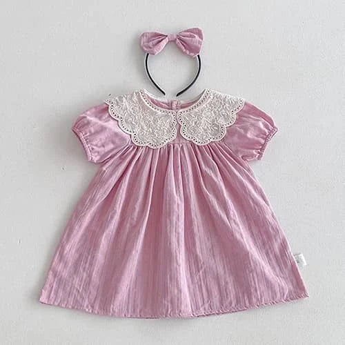 Pink baby dress with lace collar and matching bow headband vintage baby girl outfits