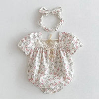 Vintage baby girl outfits floral print romper with lace detail and matching headband for infants