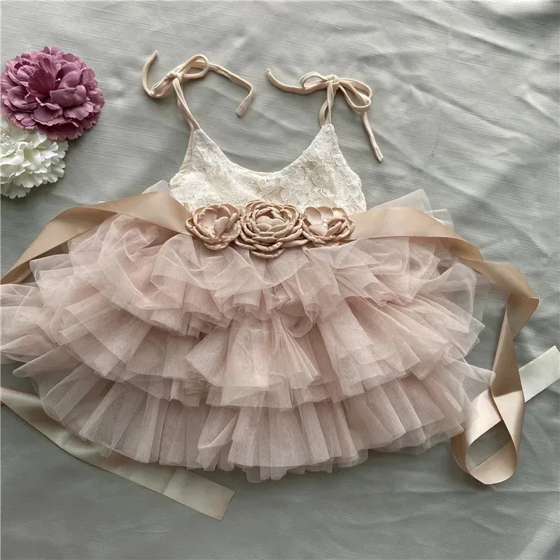 vintage girl dress with pink tulle skirt and floral sash, size newborn to 12 months