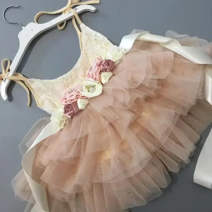 vintage girl dress cream lace top with pink floral accents and beige tulle skirt for infants