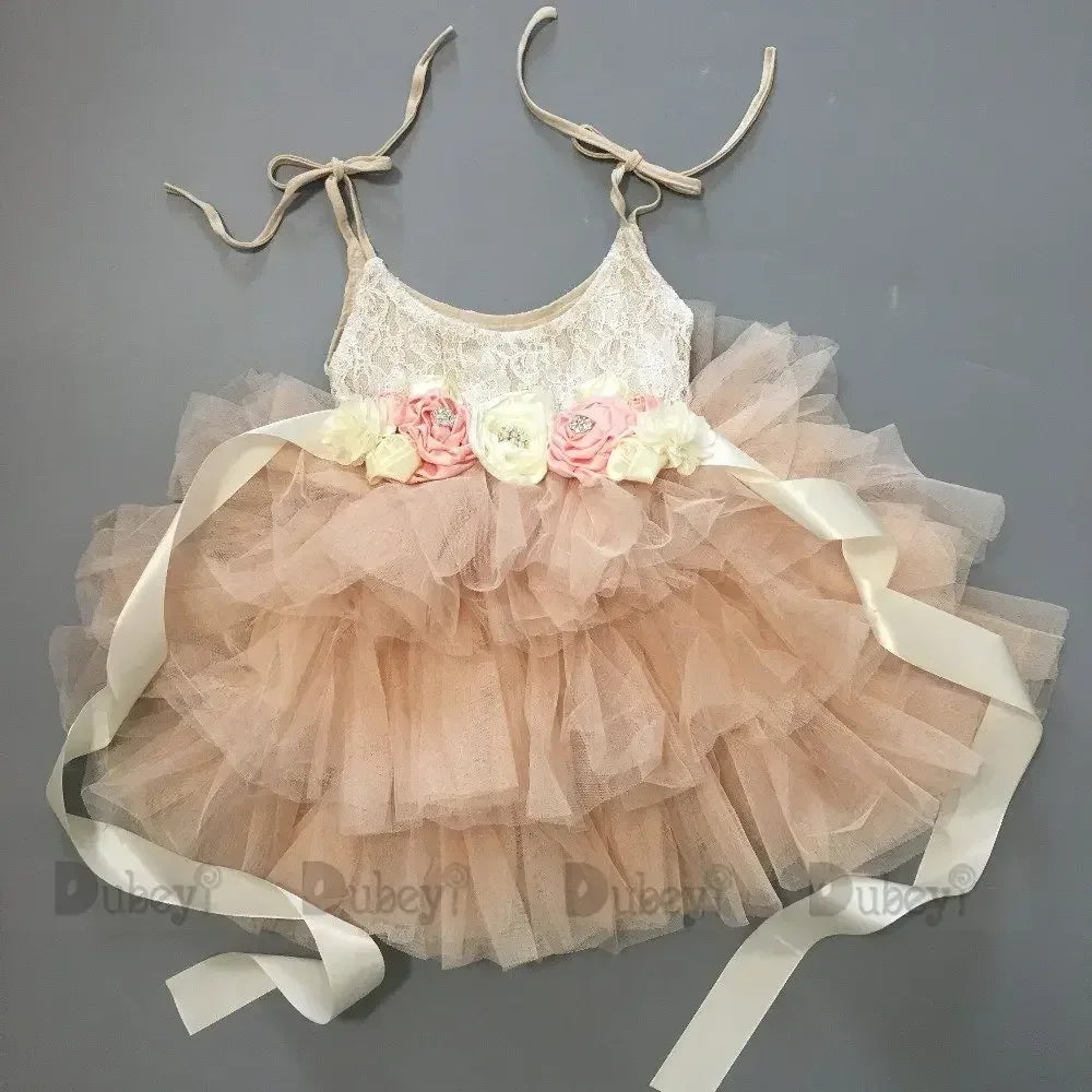 vintage girl dress beige tulle skirt with floral lace bodice and flower waist detail