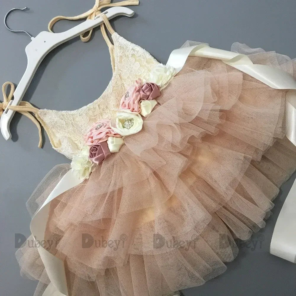Vintage girl dress with cream lace top and pink tulle skirt with floral accents for infants