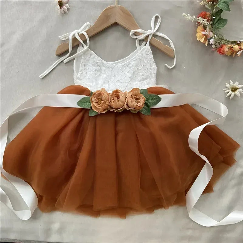 white lace top vintage girl dress with rust tulle skirt and floral sash for toddlers