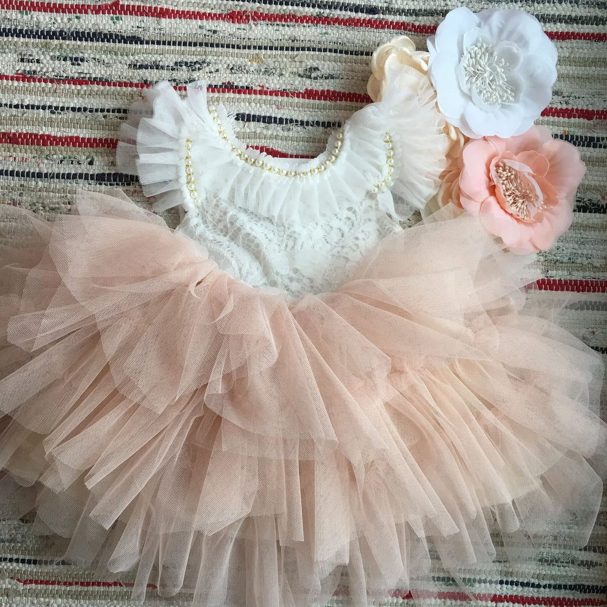Vintage girl dress with white lace bodice and pearl details, pink tulle skirt, size newborn