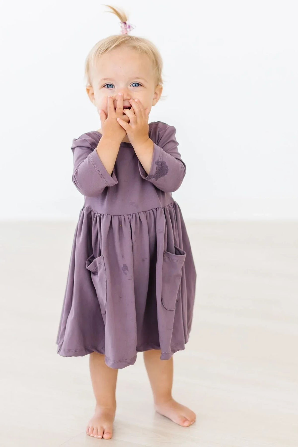 Toddler vintage violet girls twirl dress with 3/4 sleeves and side pockets by Mila & Rose