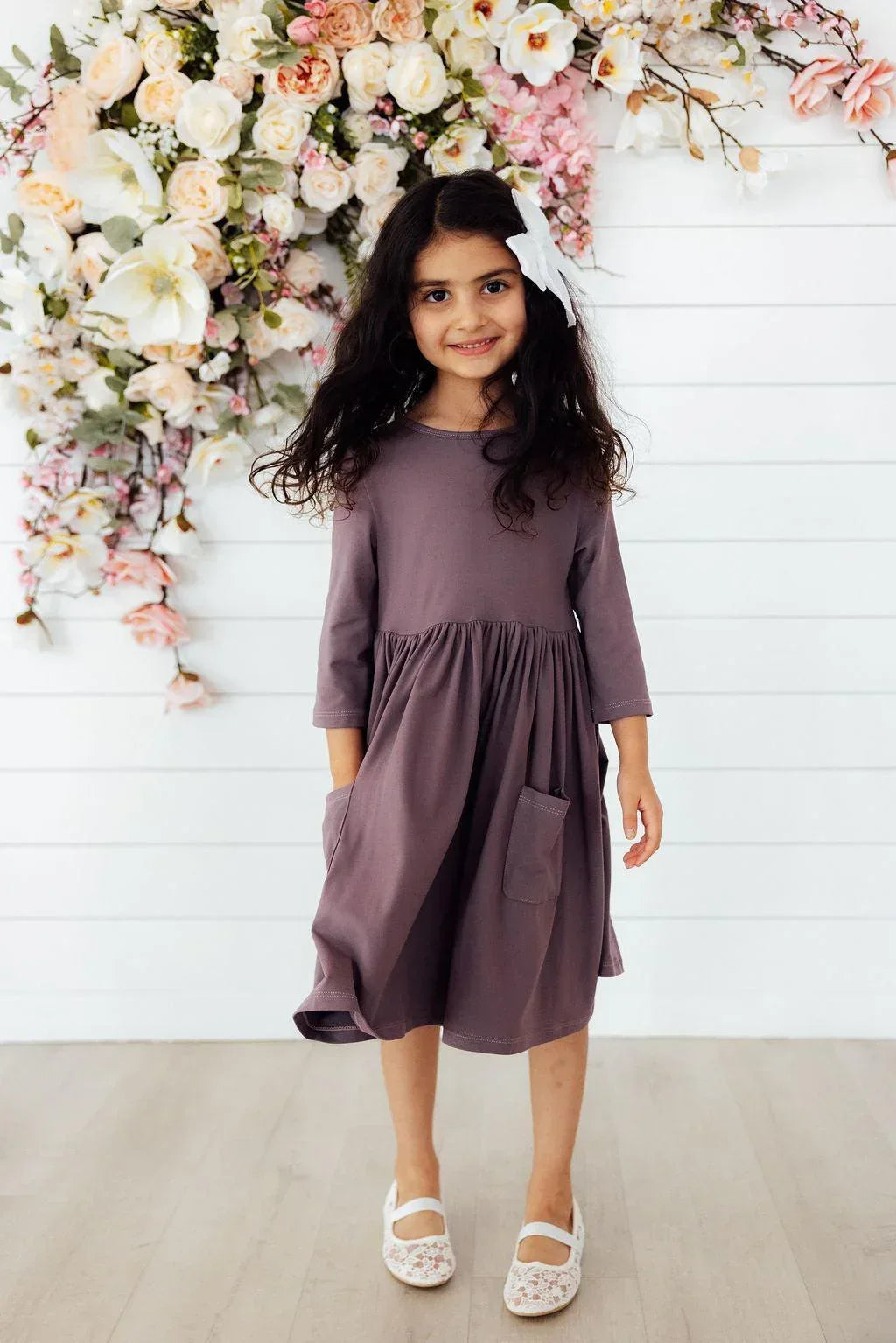 Vintage violet girls twirl dress 3/4 sleeve pocket dress for young girls by Mila Rose