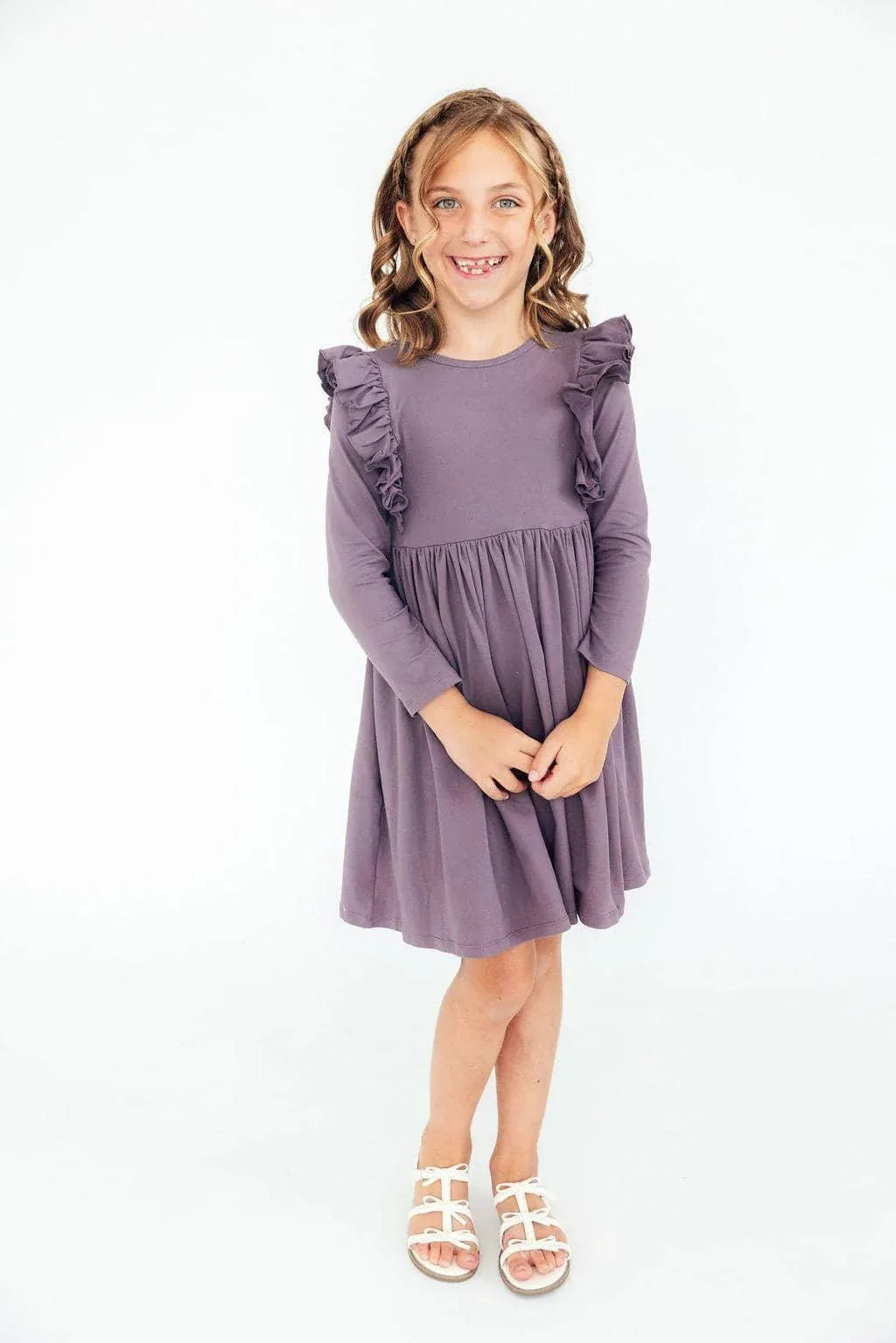 Girls vintage violet ruffle dress for girls long sleeve twirl ruffle dress age 7-8