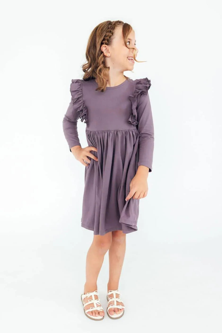 Girls vintage violet ruffle dress for girls, long sleeve twirl dress with ruffle details