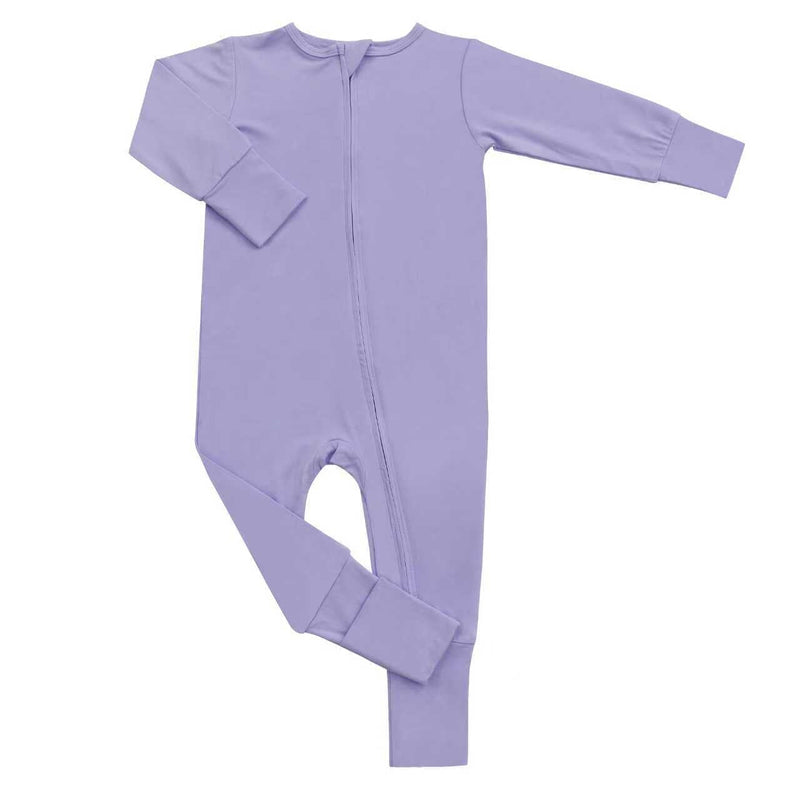 Purple baby onesie with a zipper on a white background