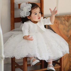 Infant white baptism dress with lace and tulle skirt voile special occasion dress with floral headband
