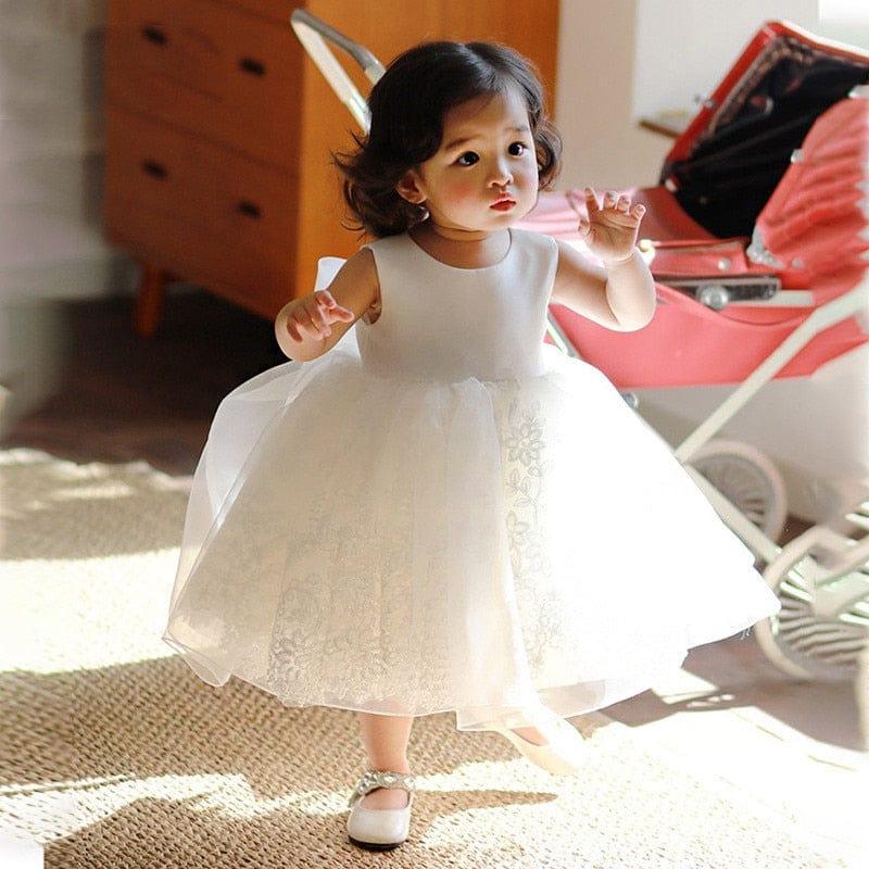 baby girl white voile special occasion dress, baptism dress sleeveless with floral details