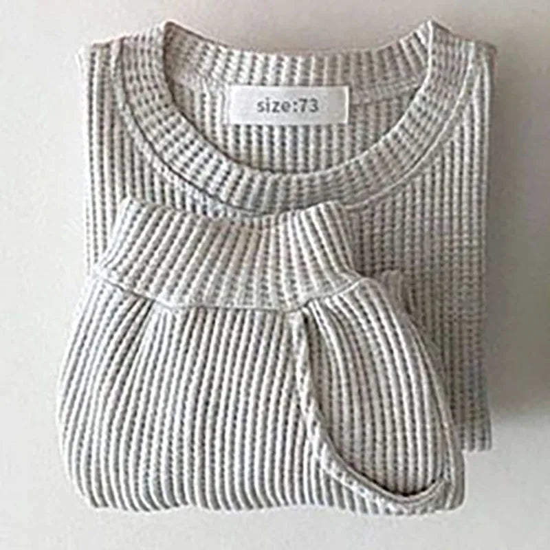 Gray waffle cotton baby knit set size 73 for infants with long sleeve top and pants