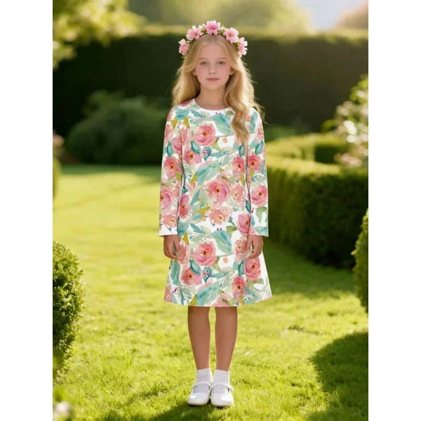 Watercolor Rose Girls Dress - Cute Floral Kids Dress - The Palm Beach Baby